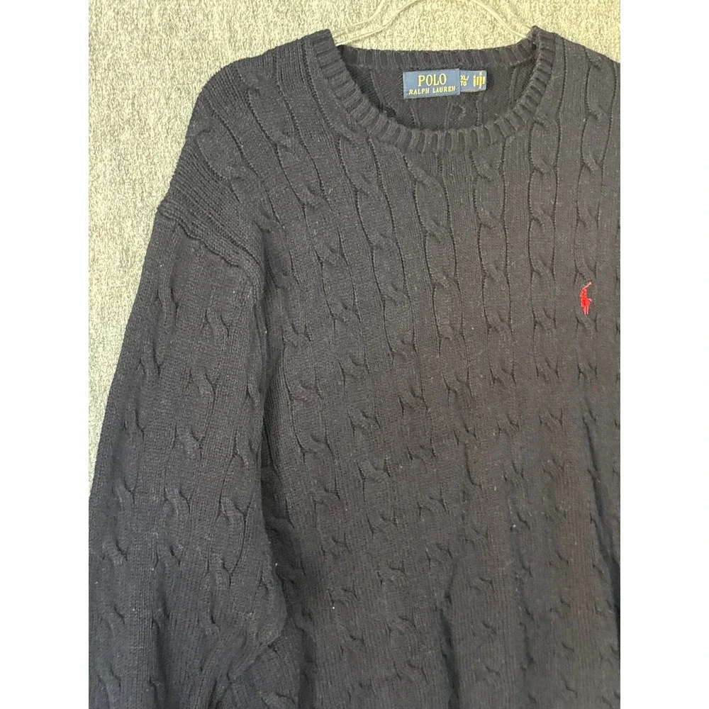 Polo Ralph Lauren Mens XL Navy Blue Cable Knit Cotton Crewneck Sweater Red Pony